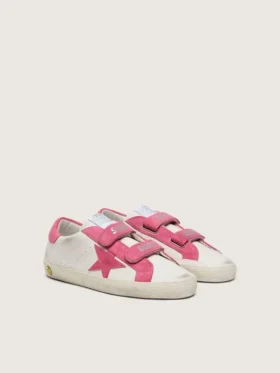 Zapatillas «Old School» para niños en piel color crema con estrella y inserciones de ante rosa
