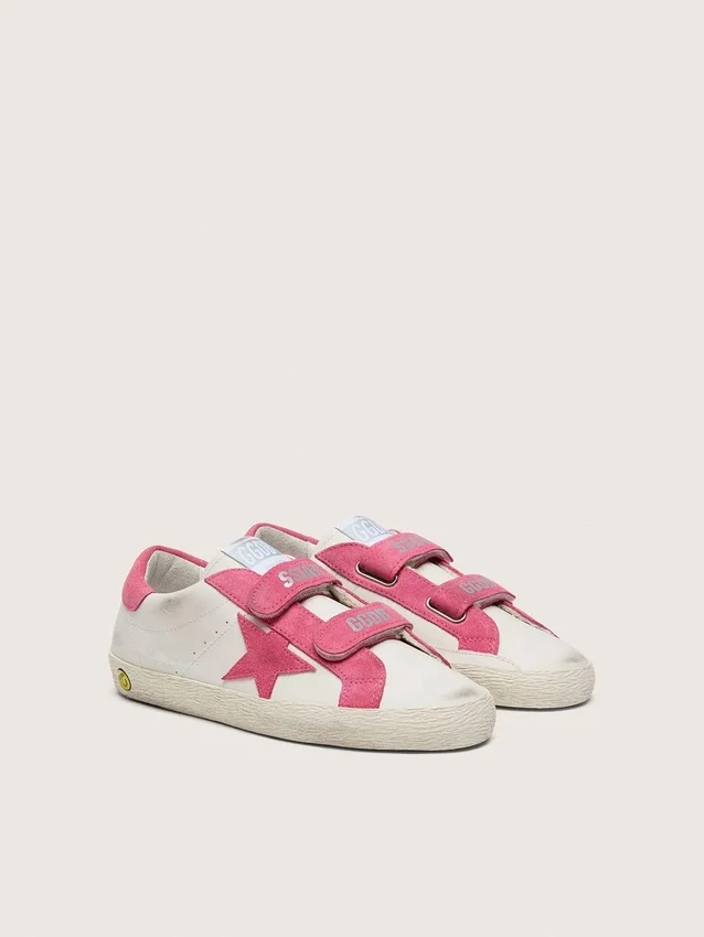 Zapatillas «Old School» para niños en piel color crema con estrella y inserciones de ante rosa