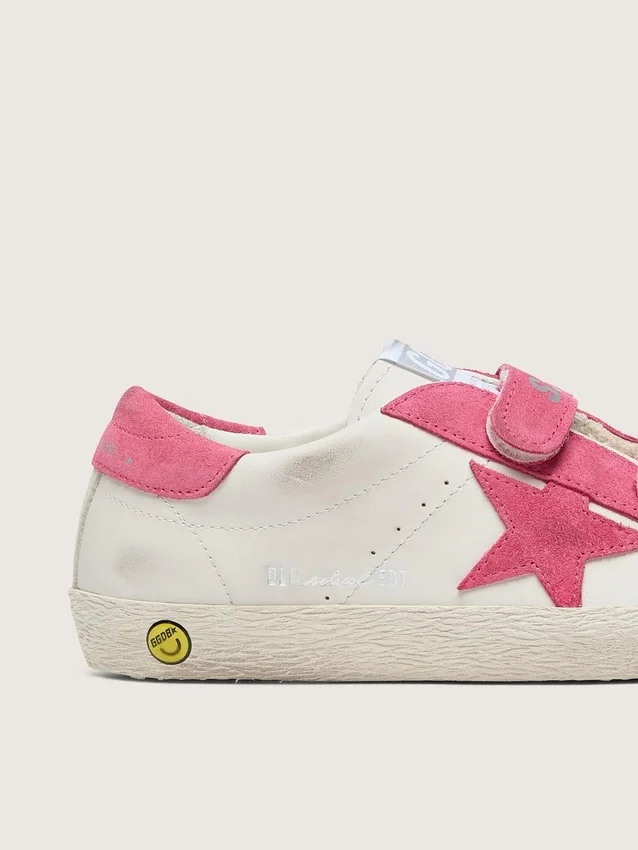 Zapatillas «Old School» para niños en piel color crema con estrella y inserciones de ante rosa