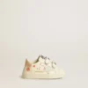 Zapatillas para bebé de piel napa con motivo de rosas rosas y estrella de ante blanco