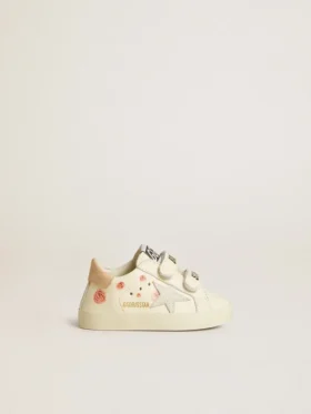 Zapatillas para bebé de piel napa con motivo de rosas rosas y estrella de ante blanco