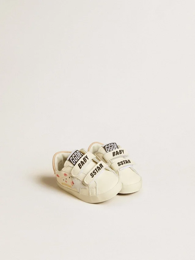 Zapatillas para bebé de piel napa con motivo de rosas rosas y estrella de ante blanco