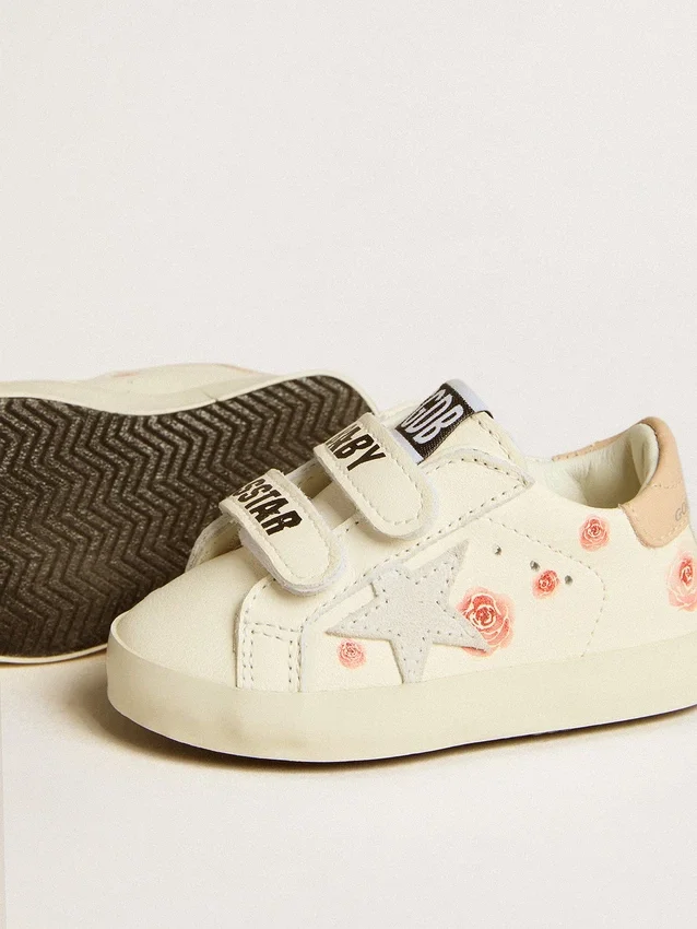Zapatillas para bebé de piel napa con motivo de rosas rosas y estrella de ante blanco