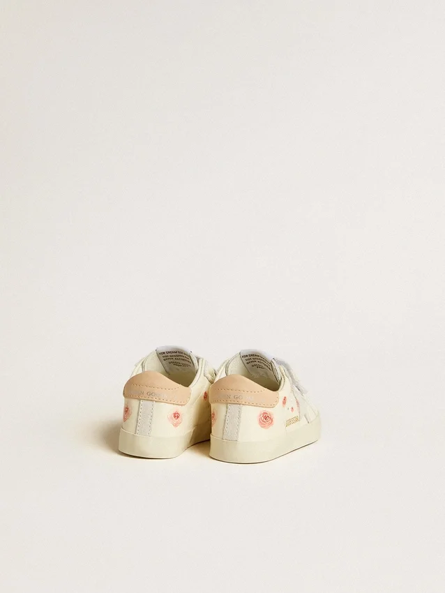 Zapatillas para bebé de piel napa con motivo de rosas rosas y estrella de ante blanco