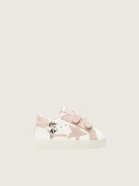 Zapatillas para bebé en napa con estrella de ante rosa y estampado de mascota