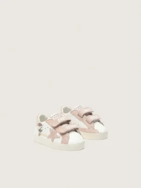 Zapatillas para bebé en napa con estrella de ante rosa y estampado de mascota