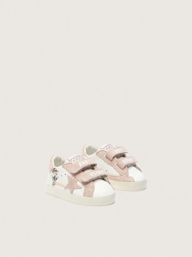 Zapatillas para bebé en napa con estrella de ante rosa y estampado de mascota