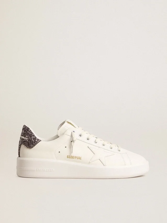 Zapatillas Purestar para mujer con estrella de piel blanca y lengüeta del talón con purpurina antracita