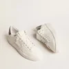 Zapatillas Purestar para mujer con estrella de piel blanca y lengüeta del talón con purpurina antracita