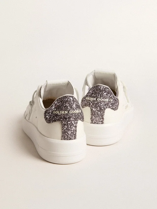 Zapatillas Purestar para mujer con estrella de piel blanca y lengüeta del talón con purpurina antracita