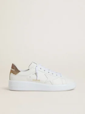 Zapatillas Purestar para mujer con estrella de piel blanca y lengüeta en el talón con cristales marrones