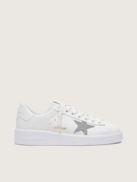 Zapatillas Purestar para mujer en piel blanca con estrella de cristal Swarovski plateada