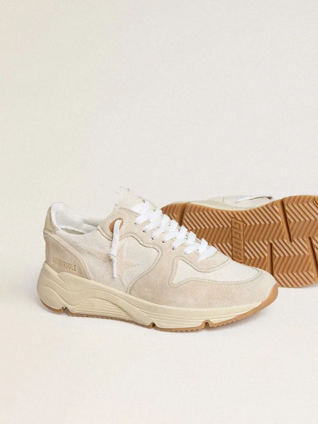 Zapatillas Running Sole para mujer de lona con estrella beige y lengüeta del talón de piel metalizada platino