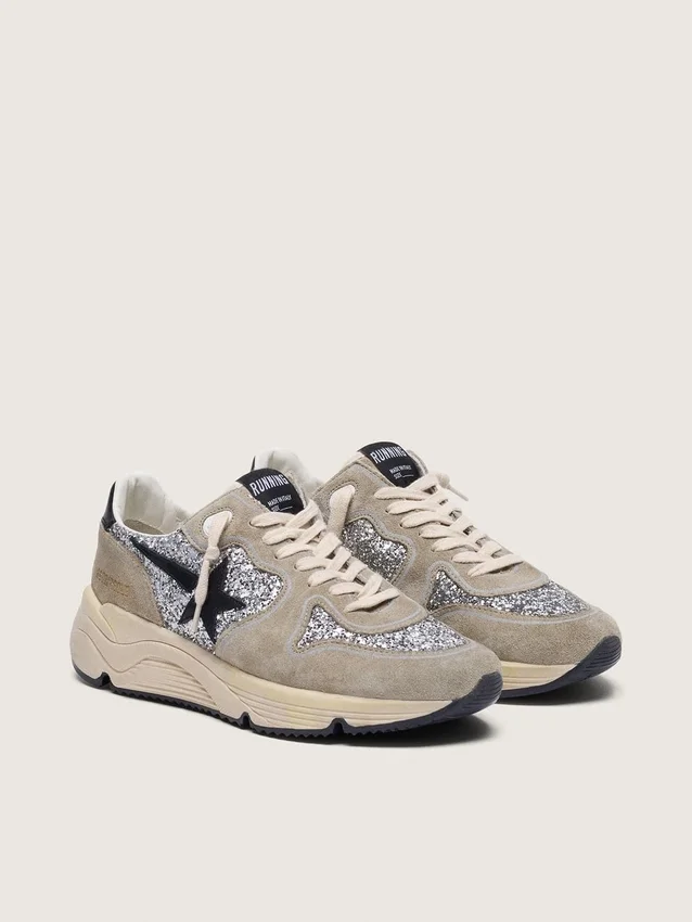 Zapatillas Running Sole para mujer en brillo plateado y ante gris paloma