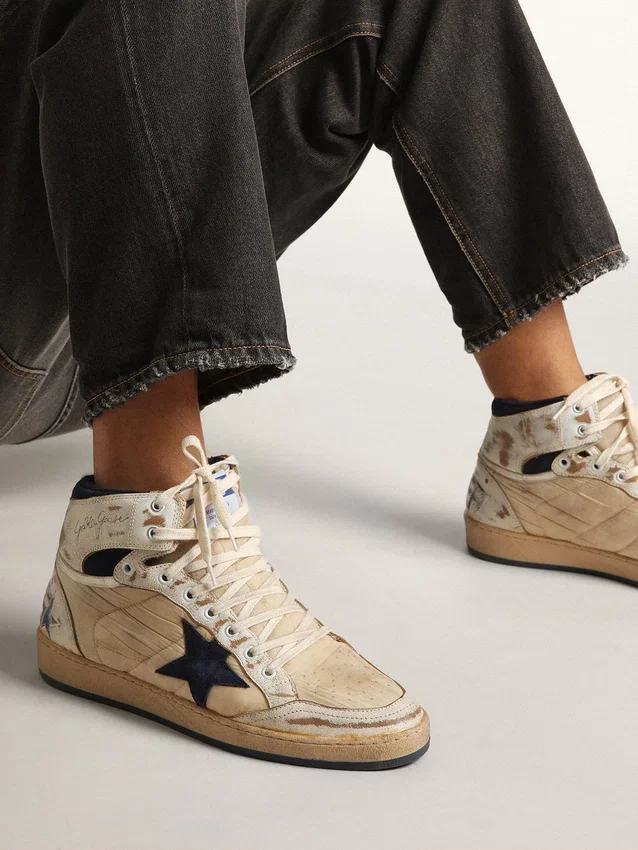 Zapatillas Sky-Star para hombre en nailon y piel de color crema con estrella de ante azul