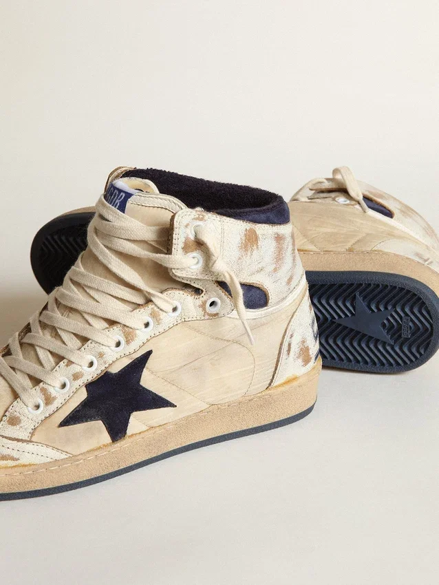 Zapatillas Sky-Star para hombre en nailon y piel de color crema con estrella de ante azul