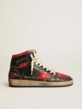 Zapatillas Sky-Star para mujer en piel negra brillante con estrella roja