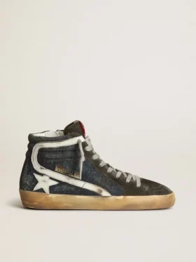 Zapatillas Slide de denim azul medianoche con estrella de piel blanca