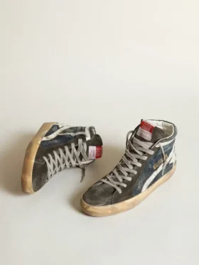 Zapatillas Slide de denim azul medianoche con estrella de piel blanca