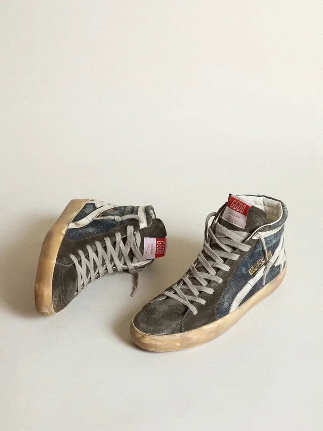 Zapatillas Slide de denim azul medianoche con estrella de piel blanca