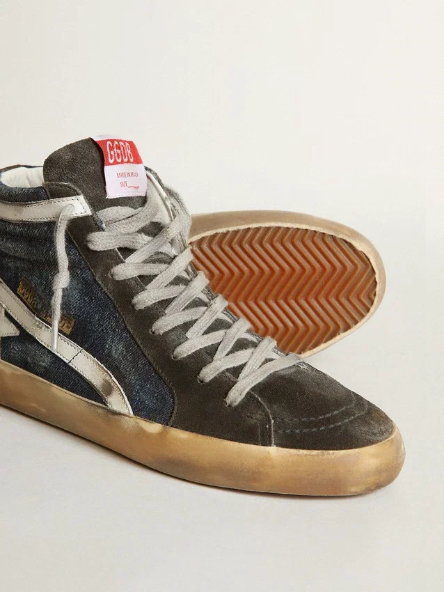 Zapatillas Slide de denim azul medianoche con estrella de piel blanca
