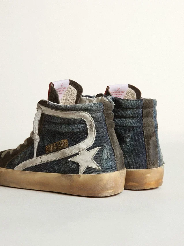Zapatillas Slide de denim azul medianoche con estrella de piel blanca