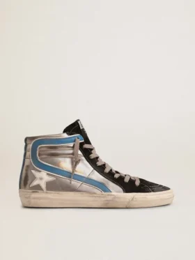 Zapatillas Slide de piel metalizada plateada con estrella de piel blanca