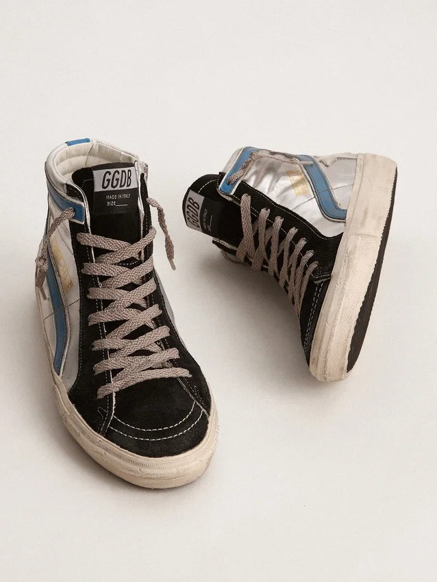 Zapatillas Slide de piel metalizada plateada con estrella de piel blanca