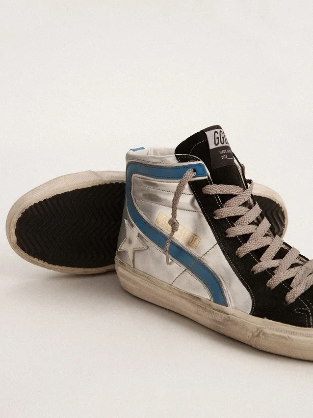 Zapatillas Slide de piel metalizada plateada con estrella de piel blanca