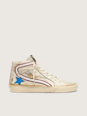 Zapatillas Slide para hombre con estrella de piel azul claro y detalle de piel plateada metalizada