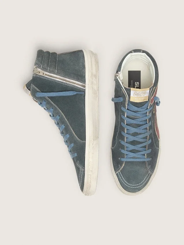 Zapatillas Slide para hombre en ante gris con estrella y ribete de nubuck marrón