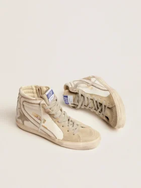 Zapatillas Slide para mujer con estrella de ante gris hielo y detalle blanco