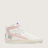 Zapatillas Slide para mujer en piel blanca con estrella plateada con purpurina y detalle en piel rosa