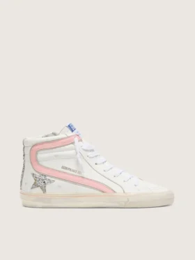Zapatillas Slide para mujer en piel blanca con estrella plateada con purpurina y detalle en piel rosa