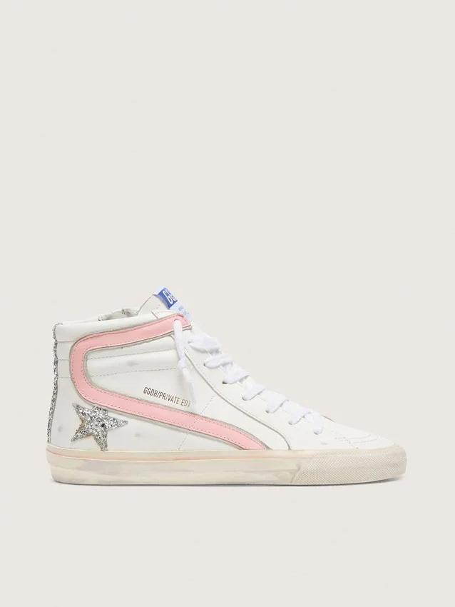 Zapatillas Slide para mujer en piel blanca con estrella plateada con purpurina y detalle en piel rosa