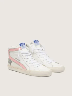 Zapatillas Slide para mujer en piel blanca con estrella plateada con purpurina y detalle en piel rosa