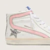 Zapatillas Slide para mujer en piel blanca con estrella plateada con purpurina y detalle en piel rosa