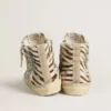 Zapatillas Slide para mujer en piel de potro con estampado de cebra y detalle en piel laminada verde