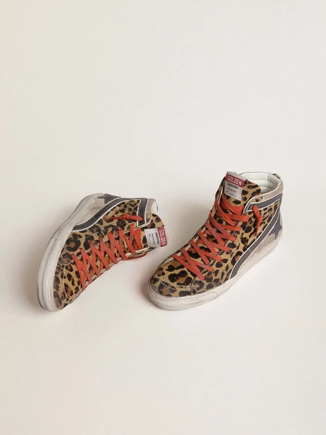 Zapatillas Slide para mujer LTD en piel de potro con estampado de leopardo, estrella de piel metalizada y detalles brillantes