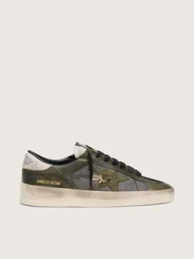 Zapatillas Stardan LTD para hombre en piel blanca y verde oliva con malla negra y estrella de piel amarilla