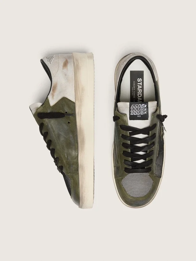 Zapatillas Stardan LTD para hombre en piel blanca y verde oliva con malla negra y estrella de piel amarilla