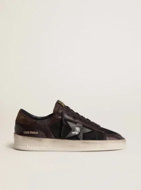 Zapatillas Stardan para hombre en ante marrón y malla negra con estrella de piel blanca e inserciones de piel napa