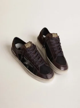 Zapatillas Stardan para hombre en ante marrón y malla negra con estrella de piel blanca e inserciones de piel napa