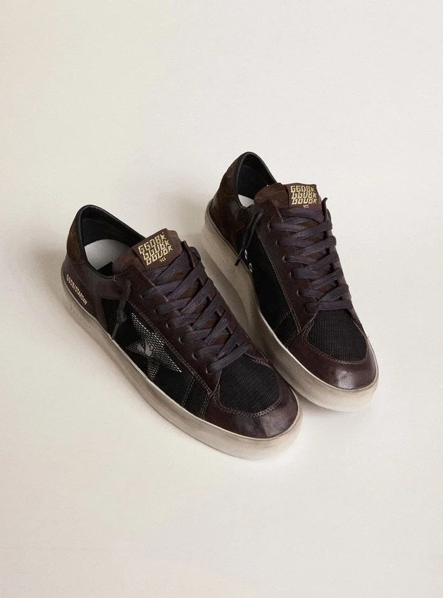 Zapatillas Stardan para hombre en ante marrón y malla negra con estrella de piel blanca e inserciones de piel napa