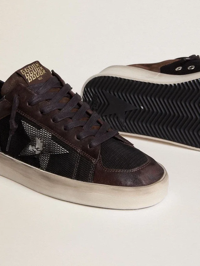 Zapatillas Stardan para hombre en ante marrón y malla negra con estrella de piel blanca e inserciones de piel napa