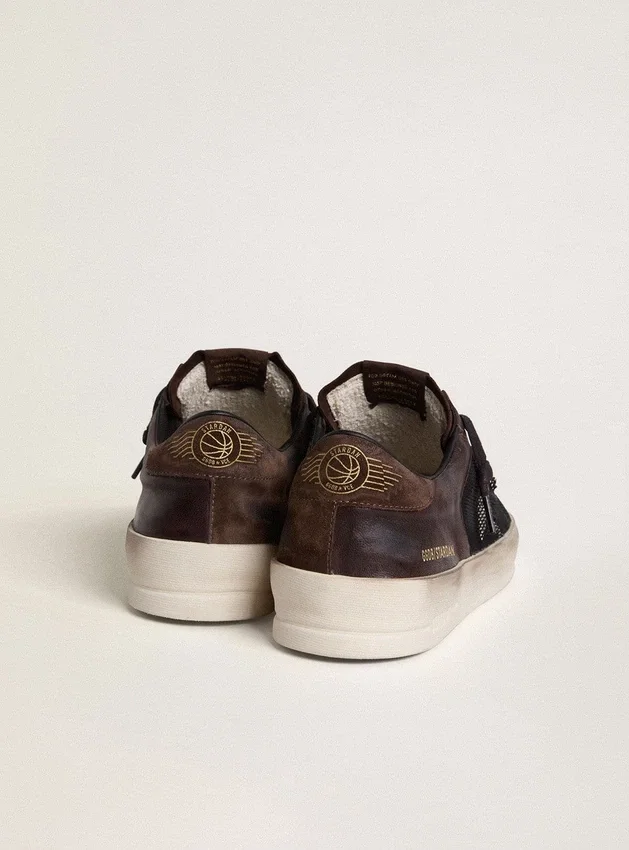 Zapatillas Stardan para hombre en ante marrón y malla negra con estrella de piel blanca e inserciones de piel napa