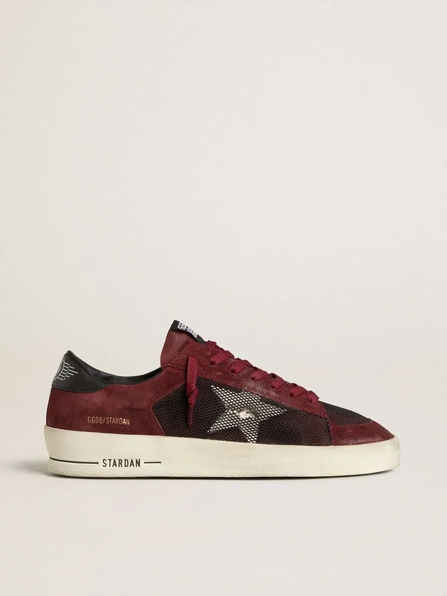 Zapatillas Stardan para hombre en malla negra y ante burdeos con estrella de piel blanca
