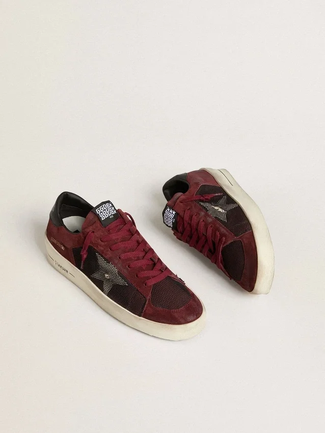 Zapatillas Stardan para hombre en malla negra y ante burdeos con estrella de piel blanca