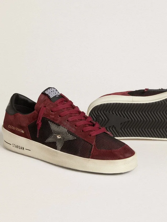 Zapatillas Stardan para hombre en malla negra y ante burdeos con estrella de piel blanca