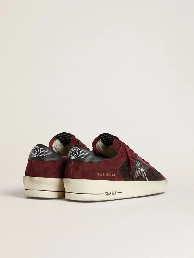 Zapatillas Stardan para hombre en malla negra y ante burdeos con estrella de piel blanca